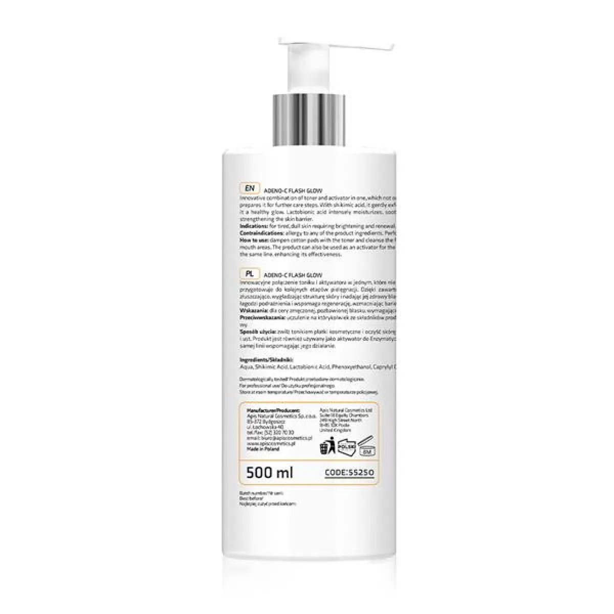 Apis - ADENO-C Flash Glow Roświetlający tonik i aktywator 2w1 z kwasem szikimowym i laktobionowym  500ml