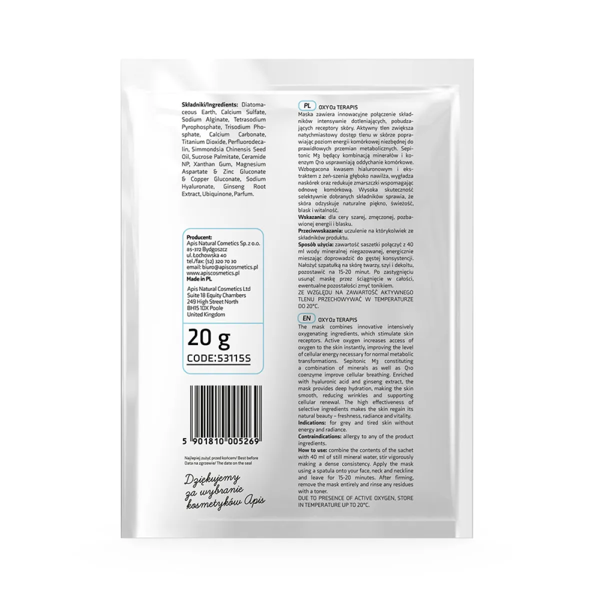 Apis - Oxy O2 - Dotleniająca maska do twarzy, algowa 20g
