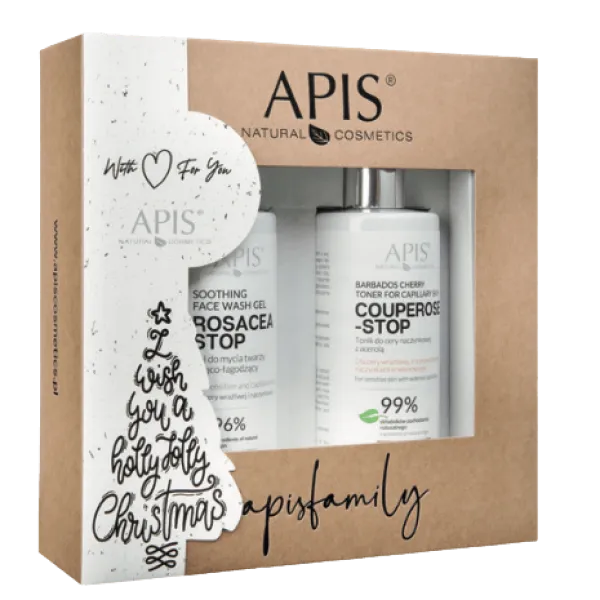 Apis - Rosacea-stop żel do mycia twarzy 300ml, Couperose-stop tonik do cery naczynkowej 300ml - Zestaw Świąteczny