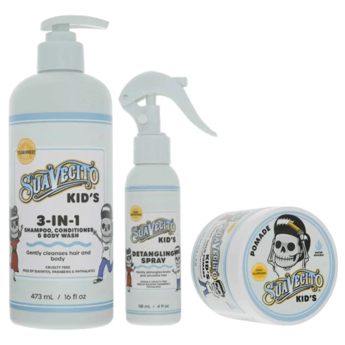 Suavecito - Light Hold Kid's Pomade 113g -  Kid's Detangling Spray 118ml - Kid's 3-IN-1 - Szampon, Odżywka i Żel do Mycia Ciała dla Dzieci 473ml - Zestaw