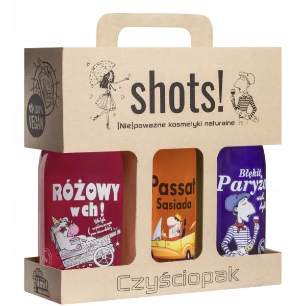 LaQ - Shots! Czyściopak Unisex, Różowy, Passat, Fioletowy - Zestaw na prezent, żel pod prysznic 3x500ml - Zestaw