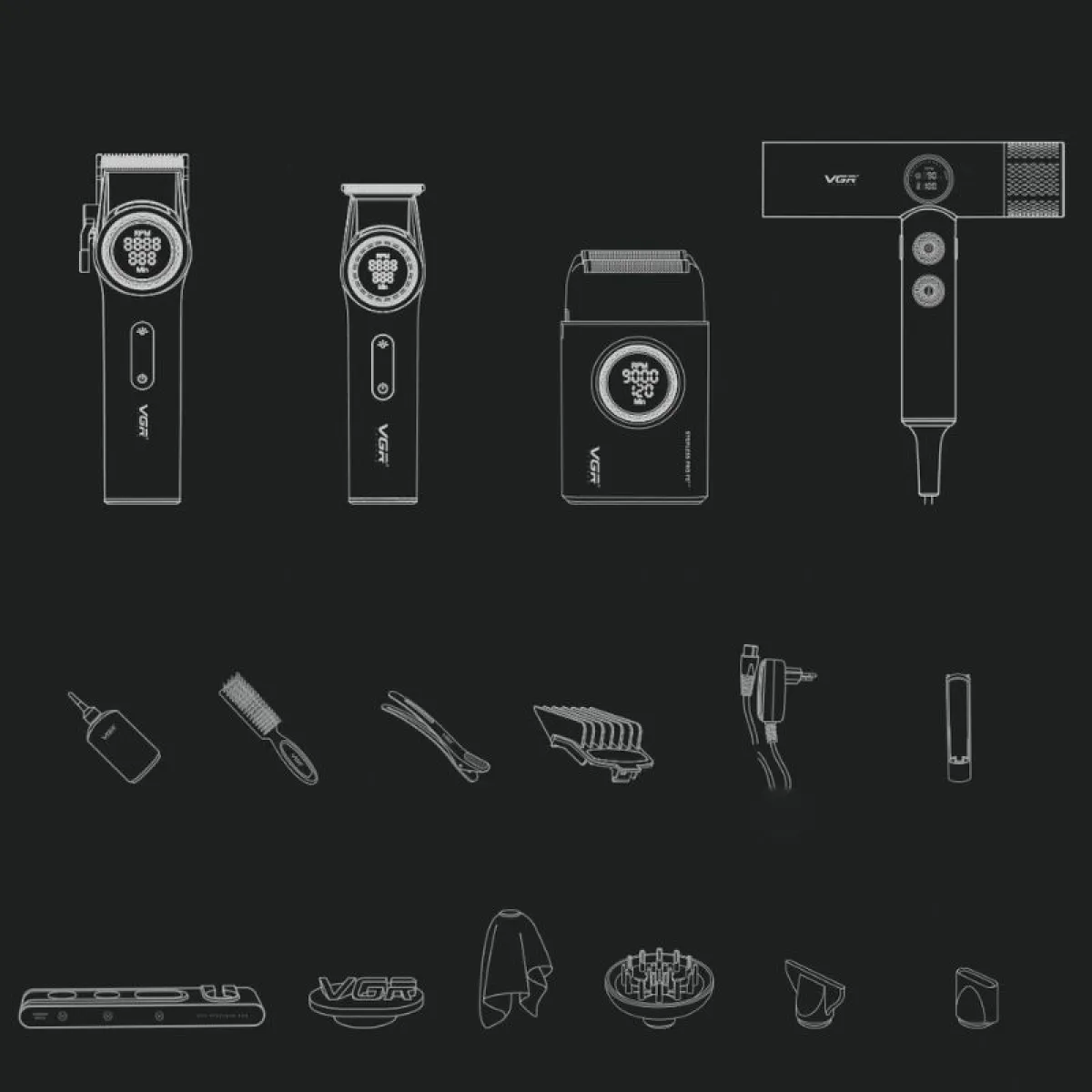 VGR - Stepless PRO 4 in 1 - Zestaw maszynka, trymer, golarka i suszarka 4w1