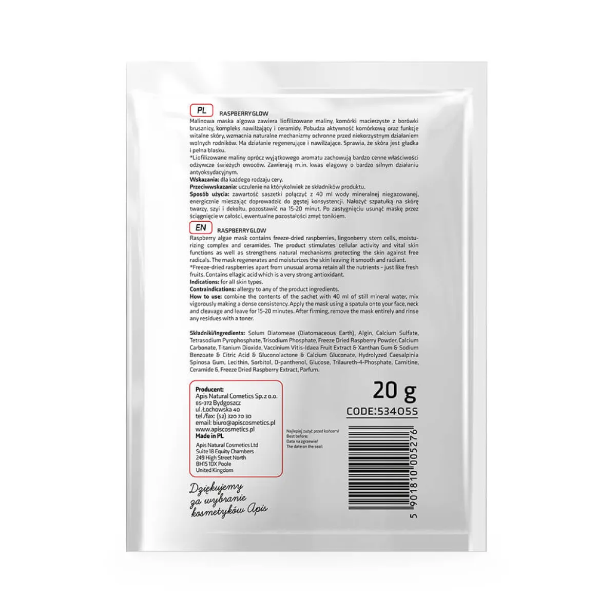 Apis - Raspberry Glow - Maska do twarzy, algowa z liofilizowanymi malinami 20g